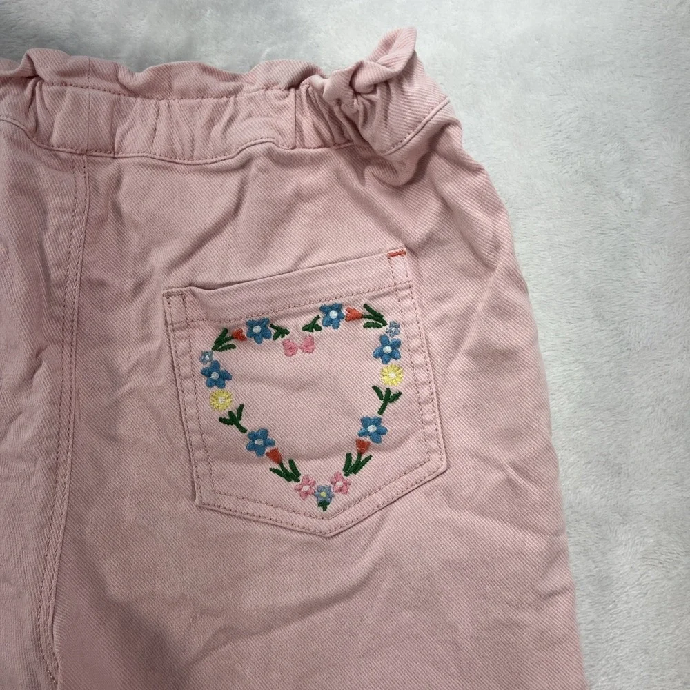 Mini Boden Denim Embroidered Shorts Girls 10Y Pull On Elastic Pink Pockets
